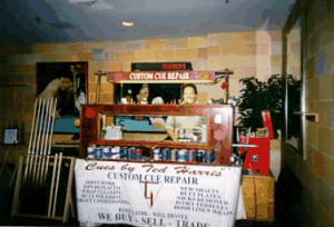 This is the way many of you will recognize me! This is my mobile cue repair unit set up at Amsterdam Billiard Club in New York, NY at the WPBA Brunswick New York Classic in 1998.